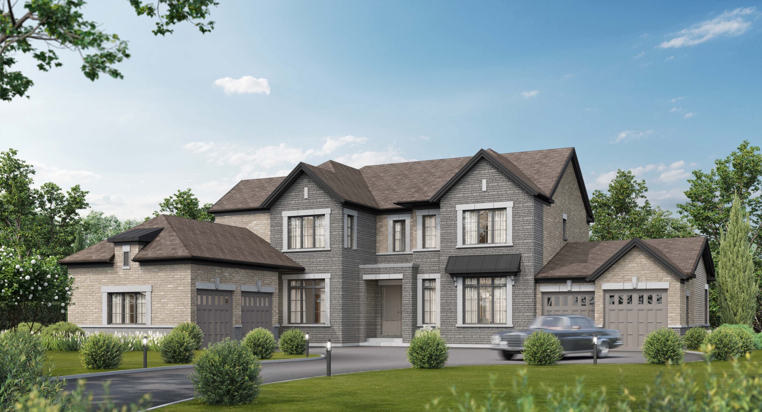 A 3D visualization of a single-family home featuring modern architecture, a spacious front yard, and a sleek two-car garage.