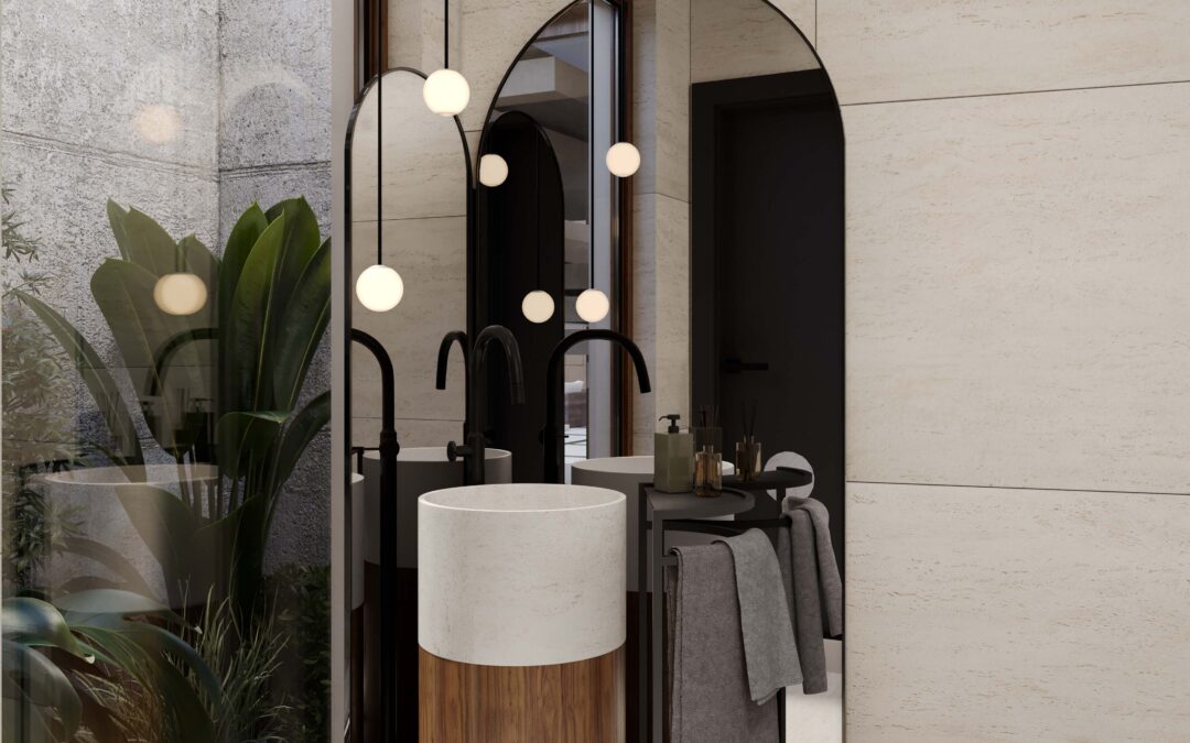 A rendering of a guest bathroom in a Caribbean island home, featuring a modern vanity, elegant fixtures, and tropical accents