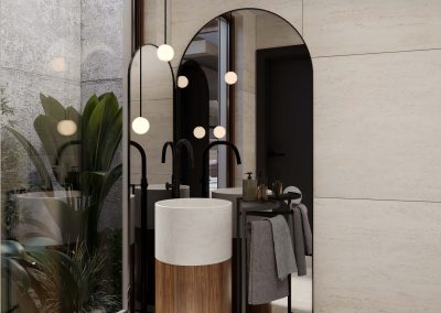 A rendering of a guest bathroom in a Caribbean island home, featuring a modern vanity, elegant fixtures, and tropical accents