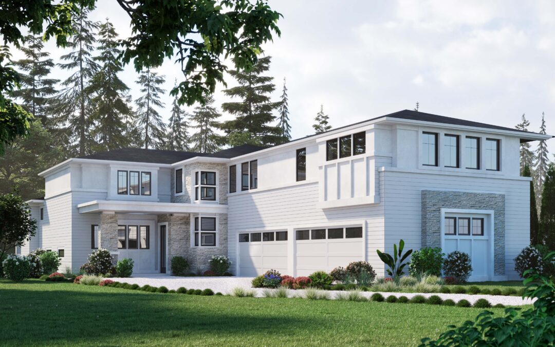 A single-family home rendering with ornate detailing, a wraparound porch, and vibrant landscaping.