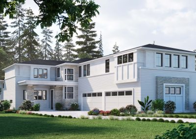 A single-family home rendering with ornate detailing, a wraparound porch, and vibrant landscaping.