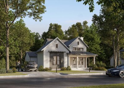 A single-family home rendering with stone accents, a cozy porch, and well-maintained greenery.