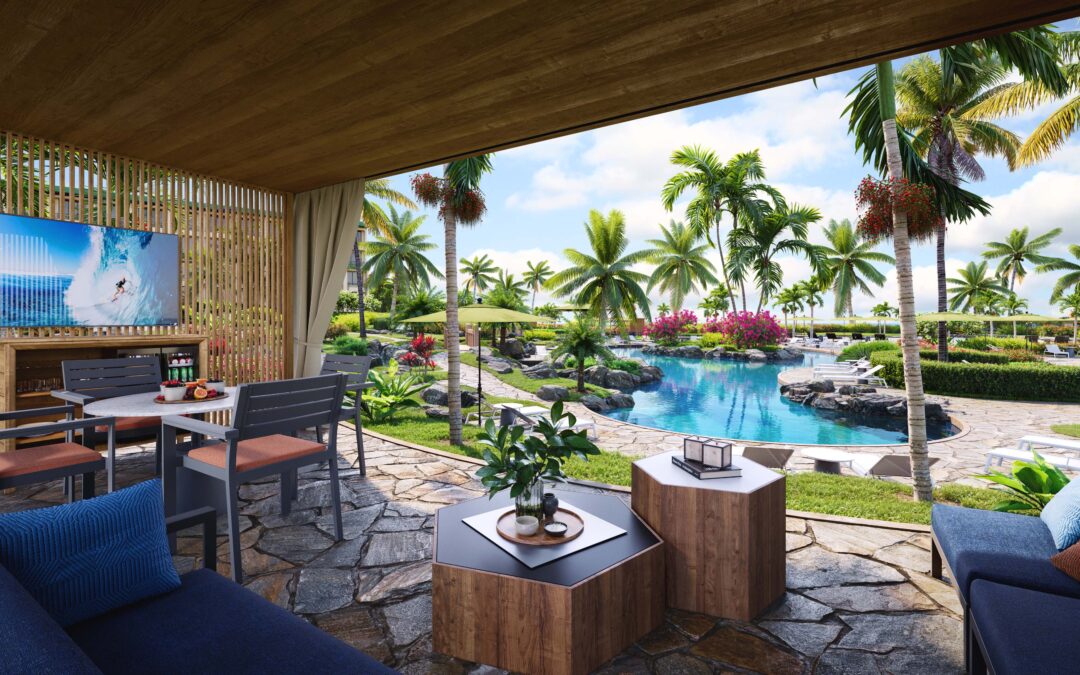 A charming Hawaiian cabana rendering set on by the pool. Surrounded by vibrant tropical flowers and palm trees, The sky above is a bright, cloudless blue.
