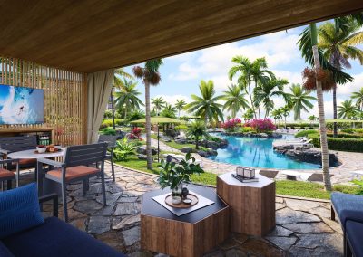 A charming Hawaiian cabana rendering set on by the pool. Surrounded by vibrant tropical flowers and palm trees, The sky above is a bright, cloudless blue.
