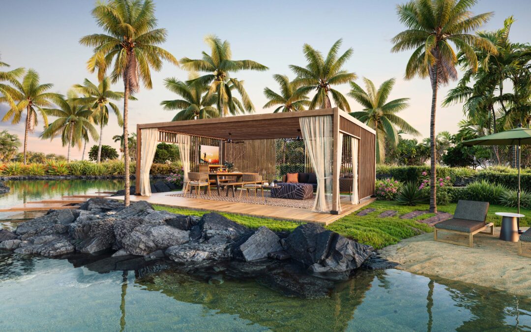 A charming Hawaiian cabana with bamboo walls and a thatched roof, set on a sandy beach. Surrounded by vibrant tropical flowers and palm trees, it overlooks the clear turquoise ocean. The sky above is a bright, cloudless blue.