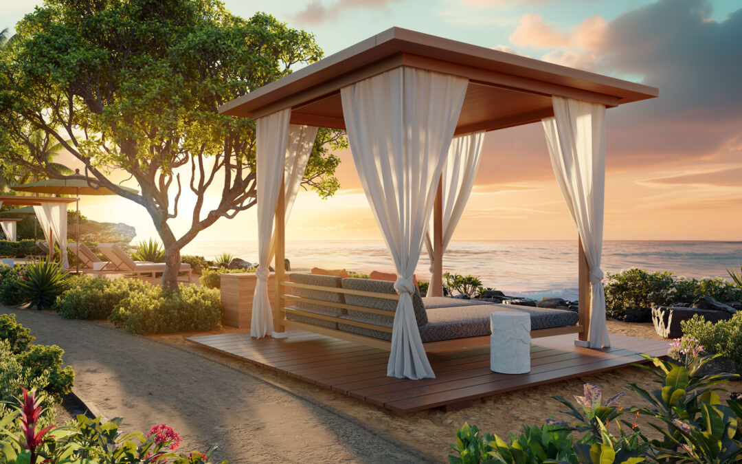 A cozy Hawaiian cabana with a thatched roof on a sandy beach, surrounded by lush tropical plants. Palm trees sway in the background, and the turquoise ocean sparkles under a twilight sky.