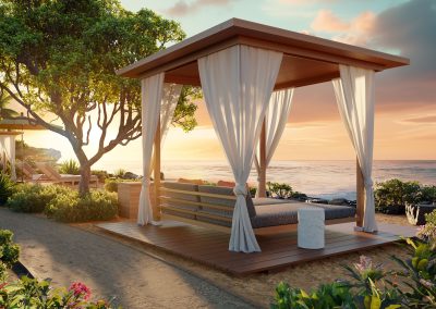 A cozy Hawaiian cabana with a thatched roof on a sandy beach, surrounded by lush tropical plants. Palm trees sway in the background, and the turquoise ocean sparkles under a twilight sky.