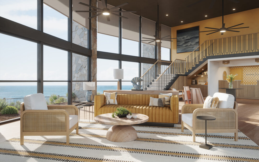 A hospitality rendering by Radical Galaxy Studio of a beachside resort lobby overlooking the ocean. The space features stylish decor with large windows offering stunning sea views.