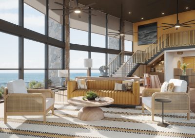 A hospitality rendering by Radical Galaxy Studio of a beachside resort lobby overlooking the ocean. The space features stylish decor with large windows offering stunning sea views.