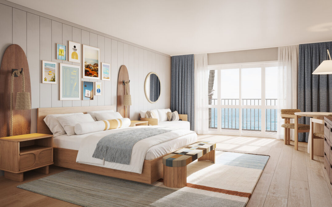 A hospitality rendering by Radical Galaxy Studio of a guestroom in the beachside resort. The room features modern decor, a plush bed, and large windows with breathtaking ocean views.