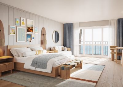 A hospitality rendering by Radical Galaxy Studio of a guestroom in the beachside resort. The room features modern decor, a plush bed, and large windows with breathtaking ocean views.