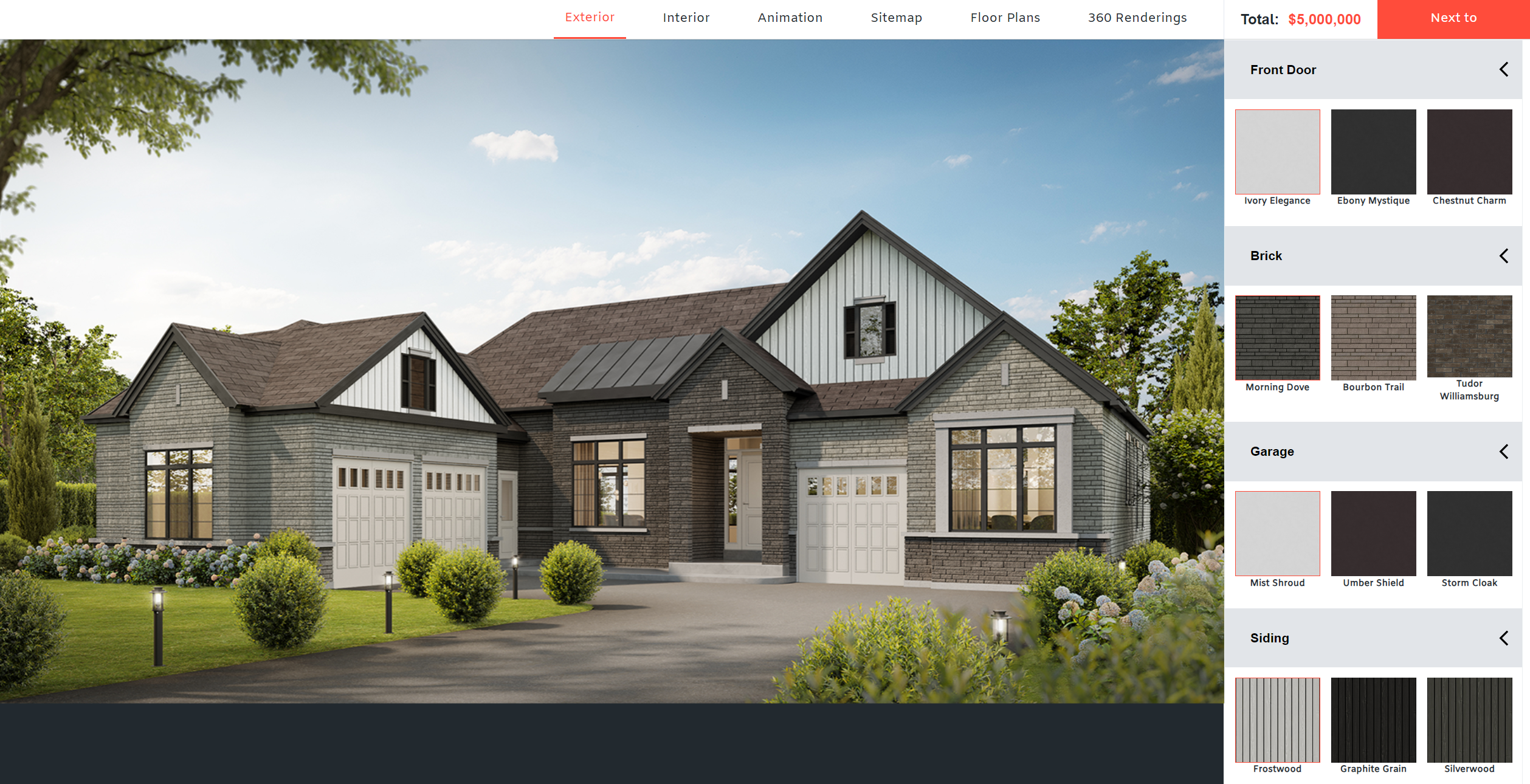 A single-family home rendering featuring a modern design with large windows, a spacious front yard, and a two-car garage.