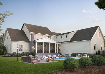 Rendering of a North Carolina backyard featuring a pool, spacious porch, and lush landscaping.