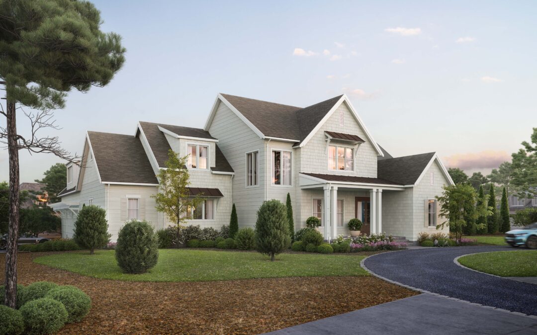 Rendering of a single-family home in North Carolina, featuring a charming exterior with a front porch, large windows, and a well-manicured lawn