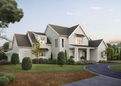Rendering of a single-family home in North Carolina, featuring a charming exterior with a front porch, large windows, and a well-manicured lawn