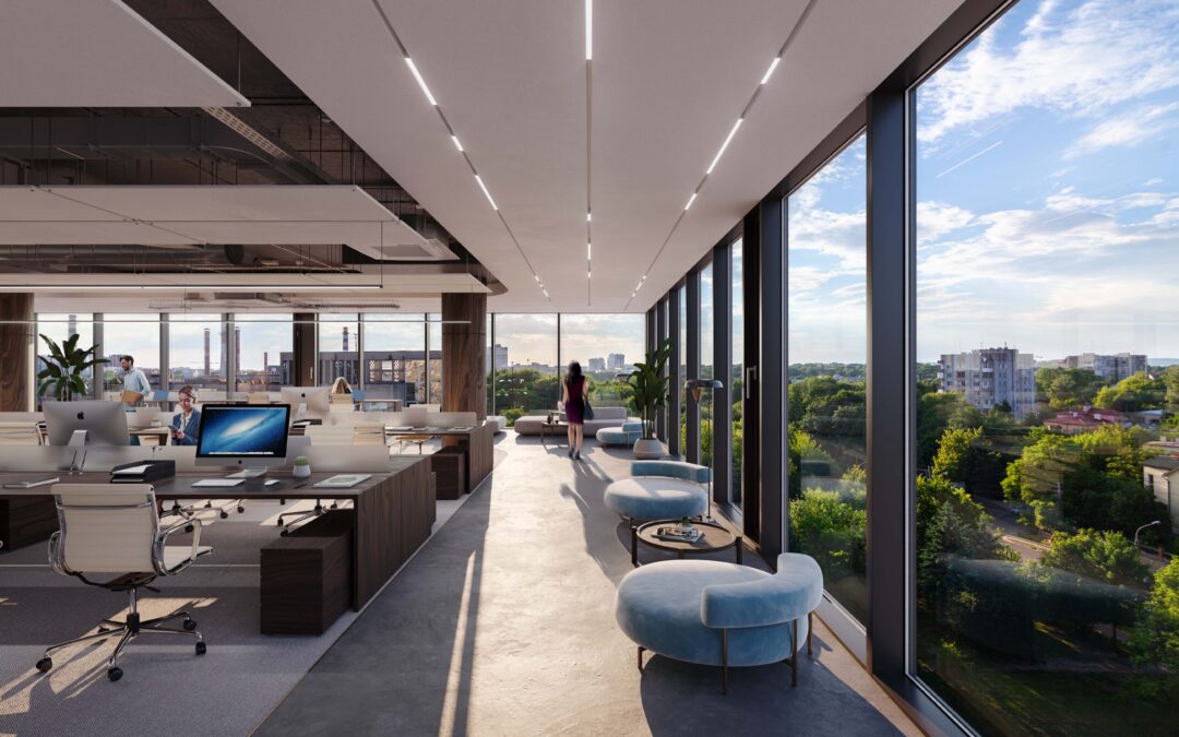 Architectural rendering of an interior office space featuring a modern, open layout. The design includes sleek furniture, ample natural light from large windows, and contemporary décor elements. The space is arranged to promote collaboration and productivity, with ergonomic desks and comfortable seating.