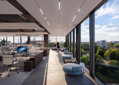Architectural rendering of an interior office space featuring a modern, open layout. The design includes sleek furniture, ample natural light from large windows, and contemporary décor elements. The space is arranged to promote collaboration and productivity, with ergonomic desks and comfortable seating.