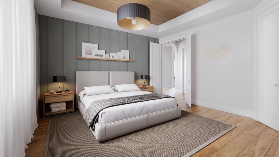 Master bedroom rendering showcasing luxury interior design and warm color palette.