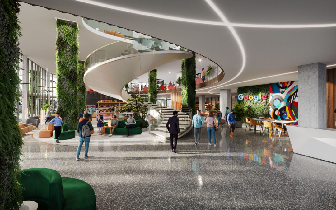 Architectural rendering of a modern, hip tech office visualization studio lobby. The space features stylish, contemporary furniture, vibrant colors, and innovative design elements. Large windows provide natural light, while the layout includes welcoming seating areas and cutting-edge technology displays. The overall atmosphere is dynamic and inviting, reflecting a forward-thinking tech culture