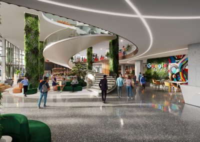 Architectural rendering of a modern, hip tech office visualization studio lobby. The space features stylish, contemporary furniture, vibrant colors, and innovative design elements. Large windows provide natural light, while the layout includes welcoming seating areas and cutting-edge technology displays. The overall atmosphere is dynamic and inviting, reflecting a forward-thinking tech culture