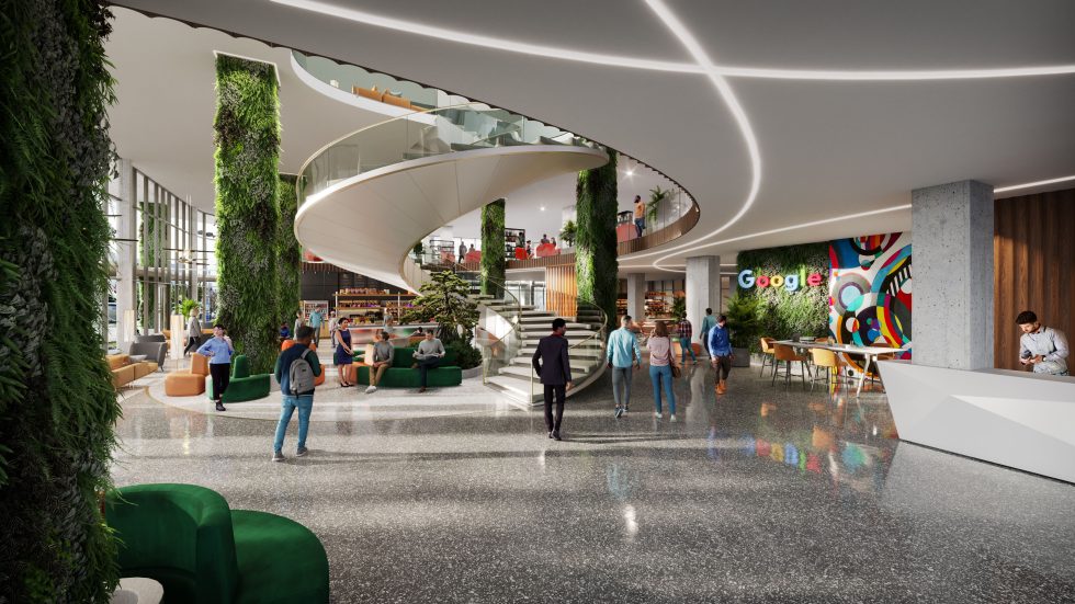 Architectural rendering of a tech office lobby with contemporary furniture, vibrant colors, and innovative design elements.
