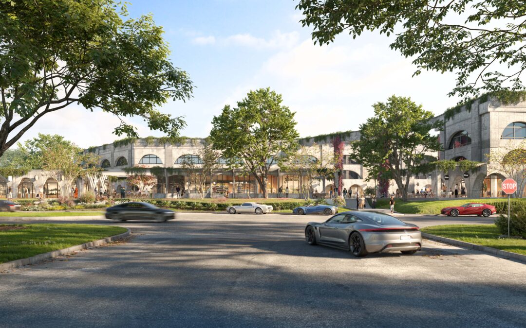Exterior rendering of a modern adaptive reuse office building in Houston, featuring large glass windows, exposed brick, and metal accents with surrounding greenery and walkways