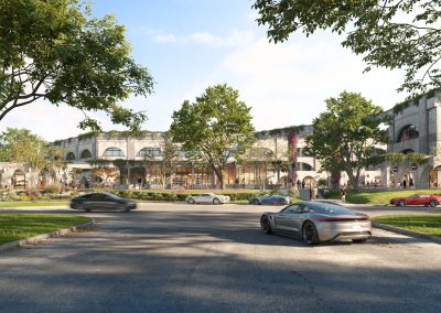 Exterior rendering of a modern adaptive reuse office building in Houston, featuring large glass windows, exposed brick, and metal accents with surrounding greenery and walkways