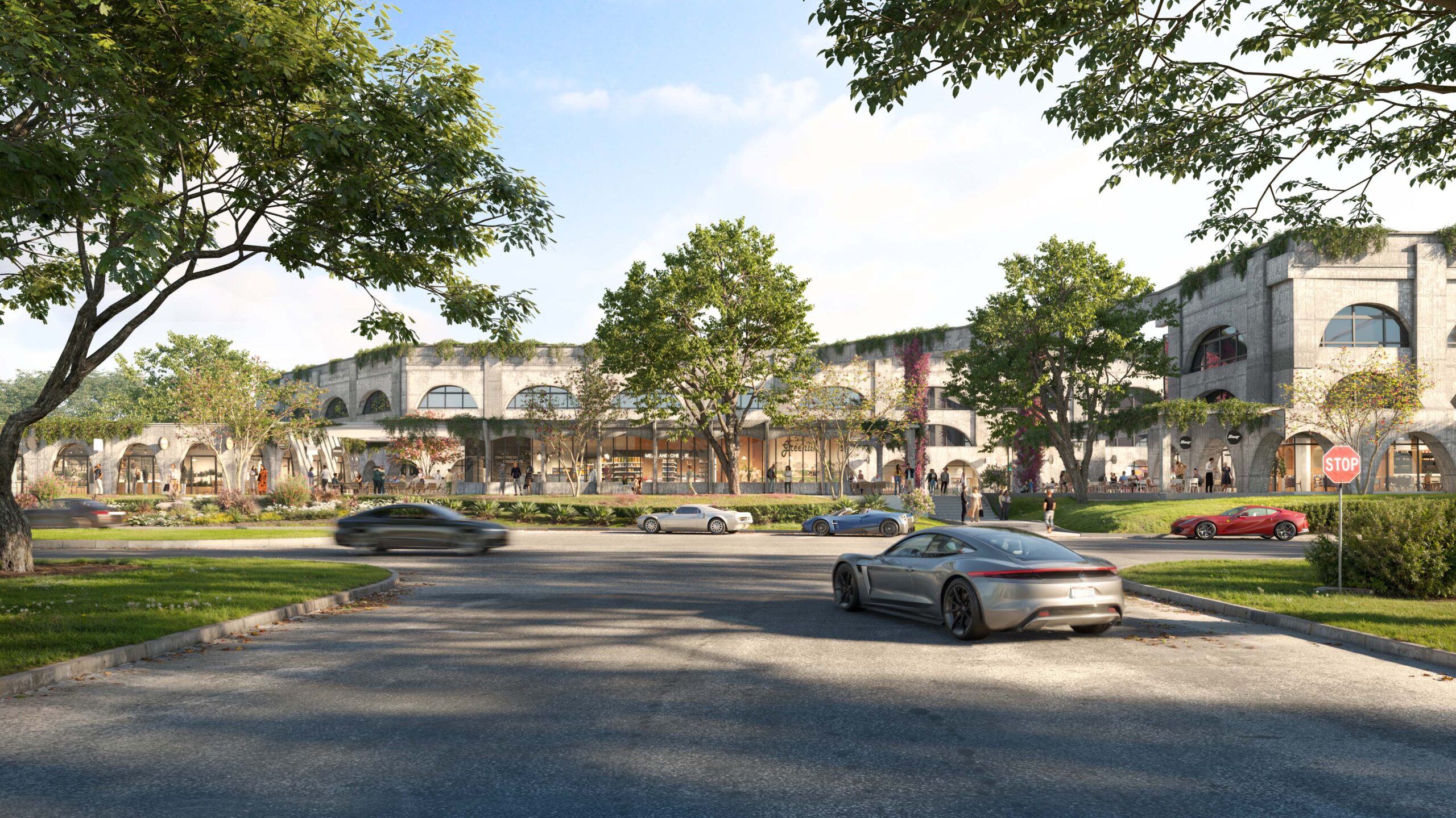 Exterior rendering of a modern adaptive reuse office building in Houston, featuring large glass windows, exposed brick, and metal accents with surrounding greenery and walkways