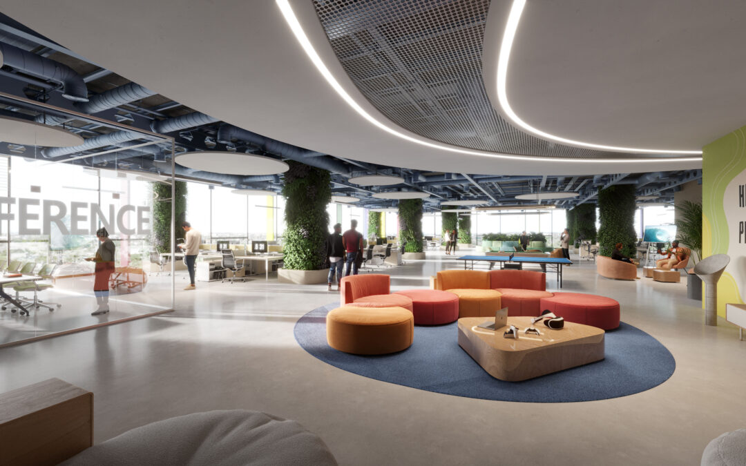 Architectural rendering of an open office space in a visualization studio. The design includes modern, ergonomic desks arranged in collaborative clusters, large windows allowing natural light, and contemporary décor. The layout promotes a productive and creative work environment.