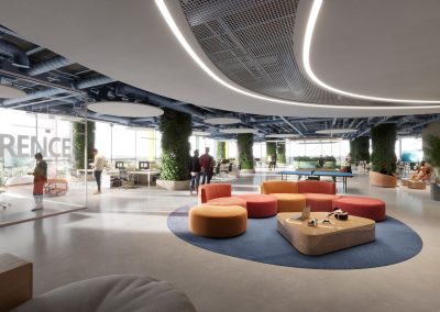 Architectural rendering of an open office space in a visualization studio. The design includes modern, ergonomic desks arranged in collaborative clusters, large windows allowing natural light, and contemporary décor. The layout promotes a productive and creative work environment.