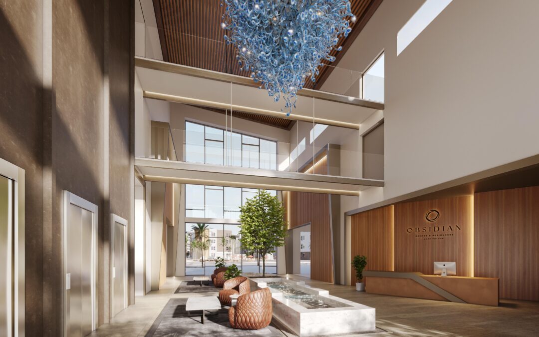 Rendering of a spacious lobby featuring modern design elements, comfortable seating areas, and stylish decor