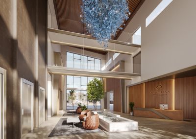 Rendering of a spacious lobby featuring modern design elements, comfortable seating areas, and stylish decor