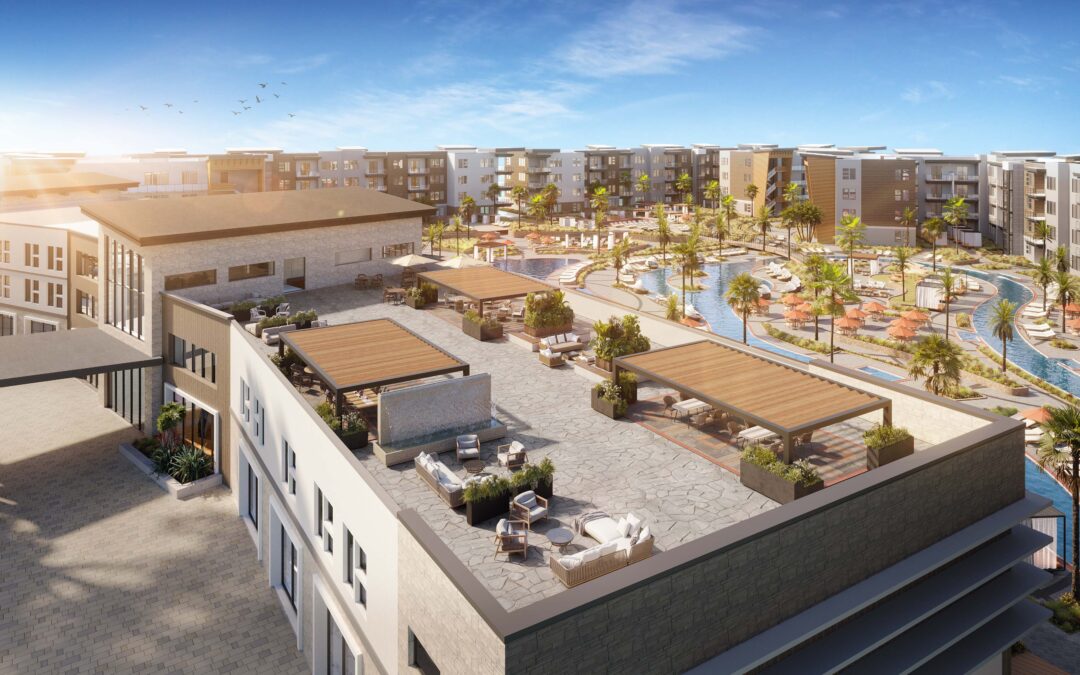 Rendering of a Utah rooftop multi-family building, showcasing modern design with communal spaces, greenery, and outdoor seating areas.
