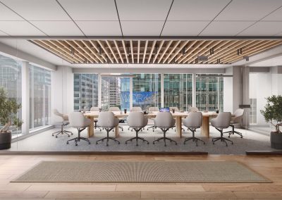 Render of a modern corner office with an open layout. Features include large floor-to-ceiling windows with city views, ergonomic desks in clusters, sleek office chairs, minimalistic décor, and potted plants. A cozy lounge area provides space for informal meetings. The design is clean, functional, and inviting.