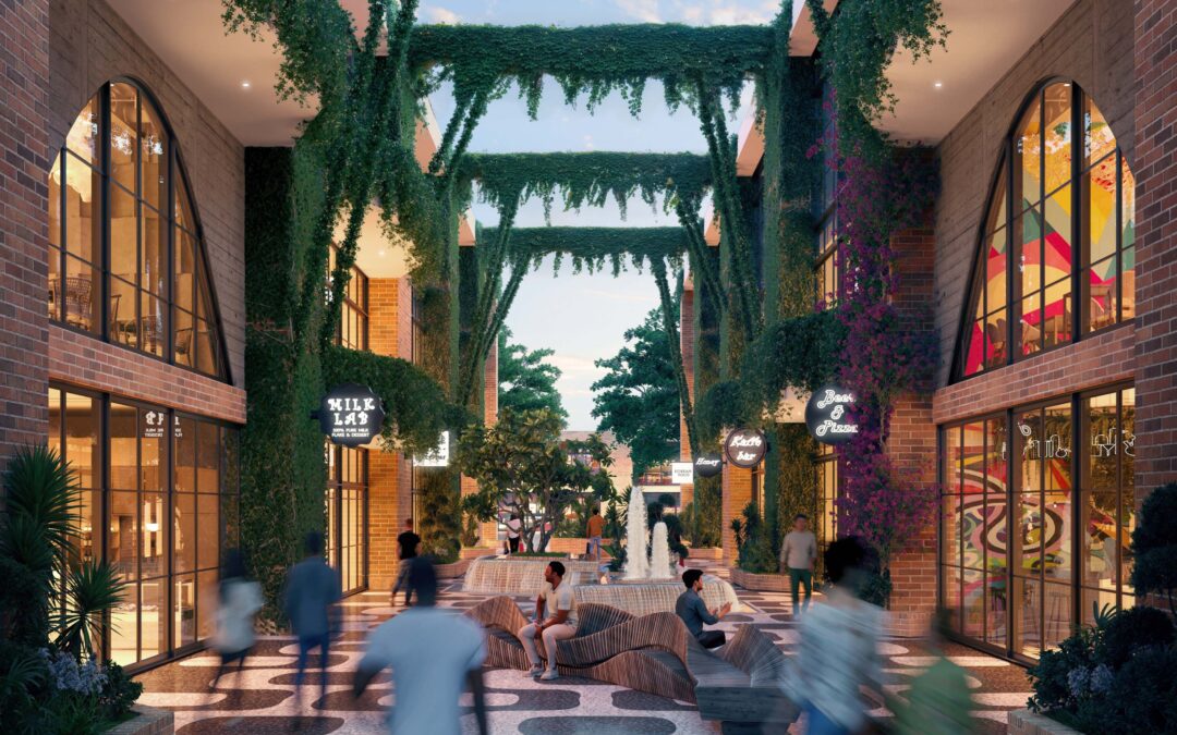 Rendering of a modern retail space in Houston, featuring pen roof and green plants hanging from the ceiling