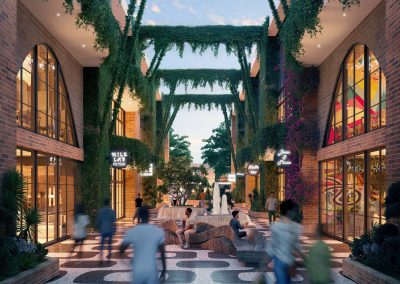 Rendering of a modern retail space in Houston, featuring pen roof and green plants hanging from the ceiling