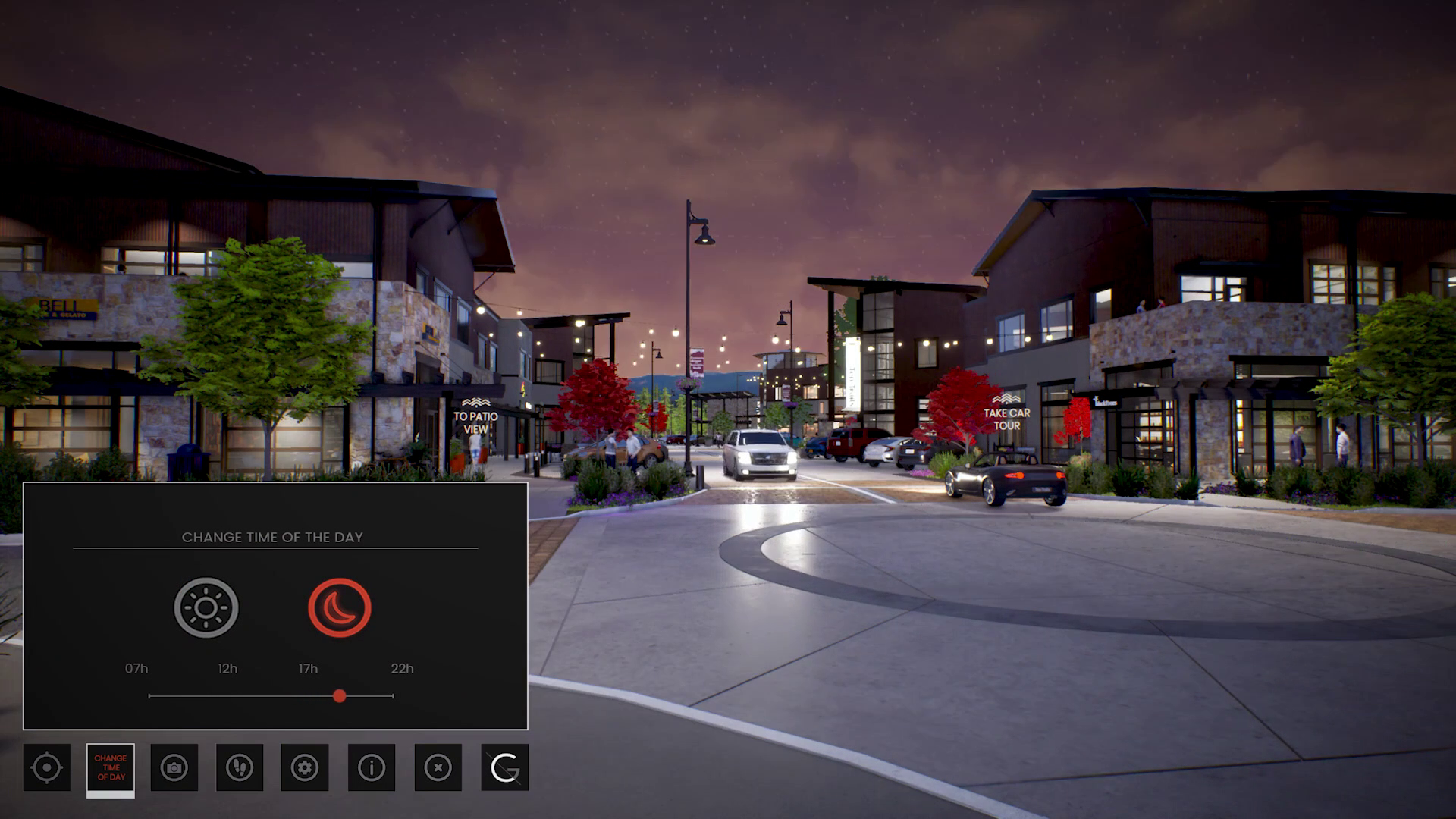 Unreal Engine real-time visualization showing day-to-night lighting transition for mixed-use development presentation