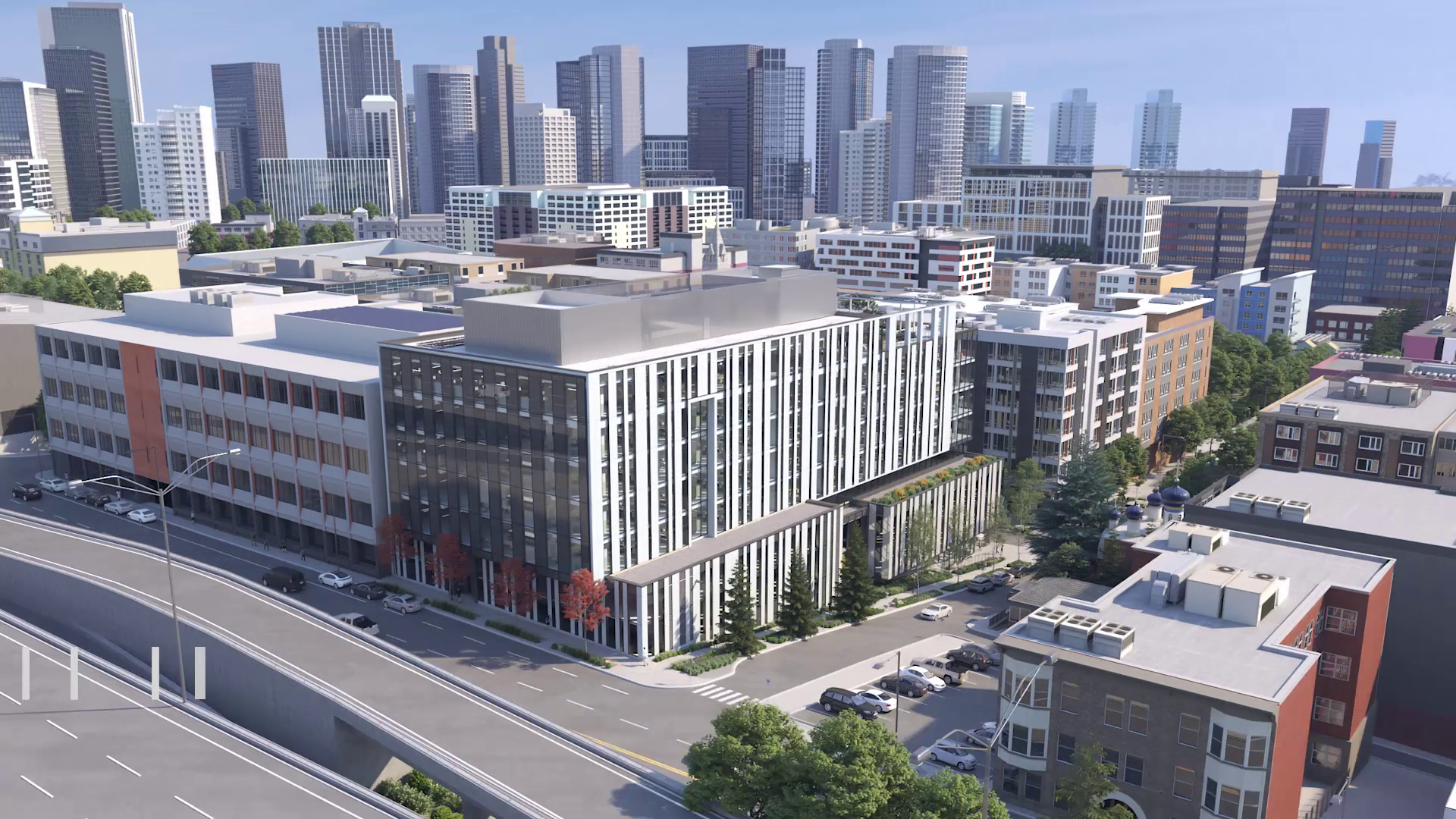 Exterior rendering of a modern adaptive reuse office building in Houston, featuring large glass windows, exposed brick, and metal accents with surrounding greenery and walkways