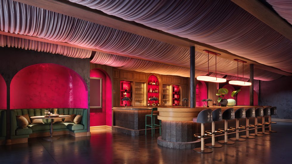 3D architectural visualization of restaurant interior in Chicago created by Radical Galaxy Studio showcasing rich color palette and ambient lighting