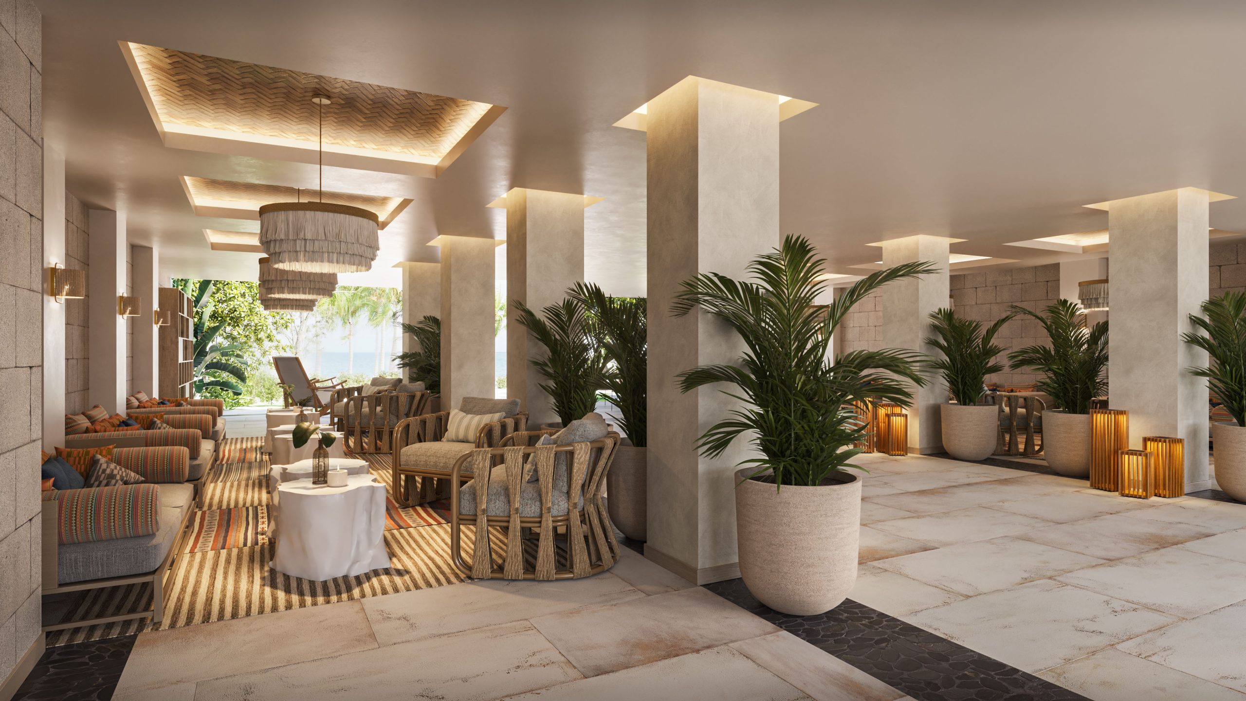 8.Tamarind - Lobby_st2_2 Photorealistic 3D rendering of a luxury resort lounge at Turtle Beach by Elegant Hotels in Barbados, featuring modern seating areas, warm lighting, and tropical interior design elements