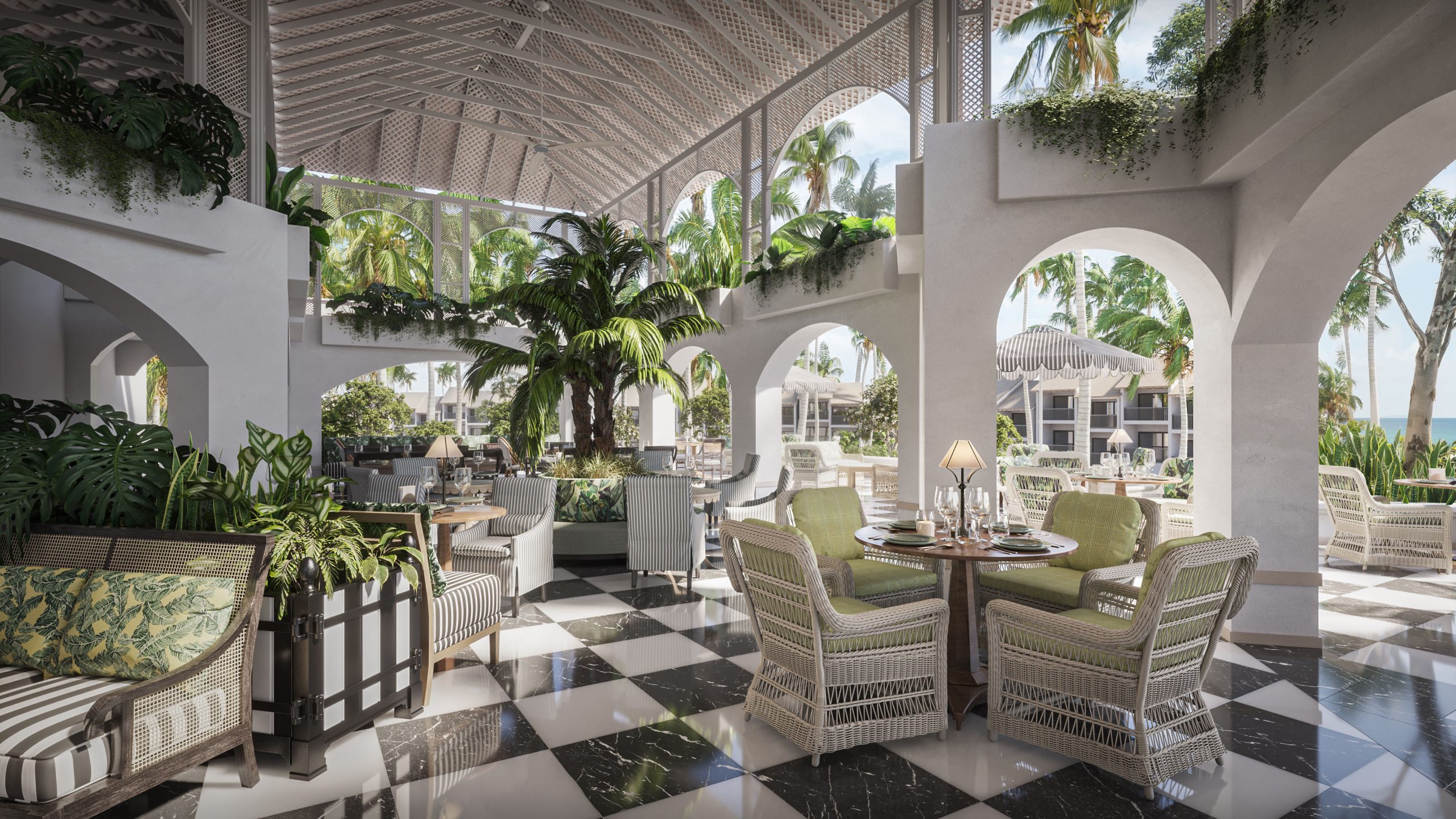 Architectural-visuailzation-ColonyClub-Marriott-Laguna-restaurant_fin_2 3D architectural rendering of a luxury resort restaurant at Turtle Beach by Elegant Hotels in Barbados, featuring open-air dining, tropical greenery, and elegant interior arches