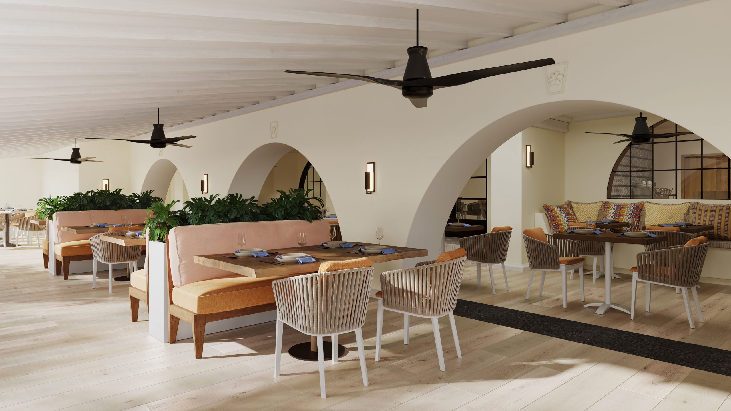 Hospitality-Architectural-visuailzation-Tamarind-Artesanot_st3_2 3D rendering of a modern resort dining area at Turtle Beach by Elegant Hotels in Barbados, with arched walls, stylish seating, and warm interior lighting