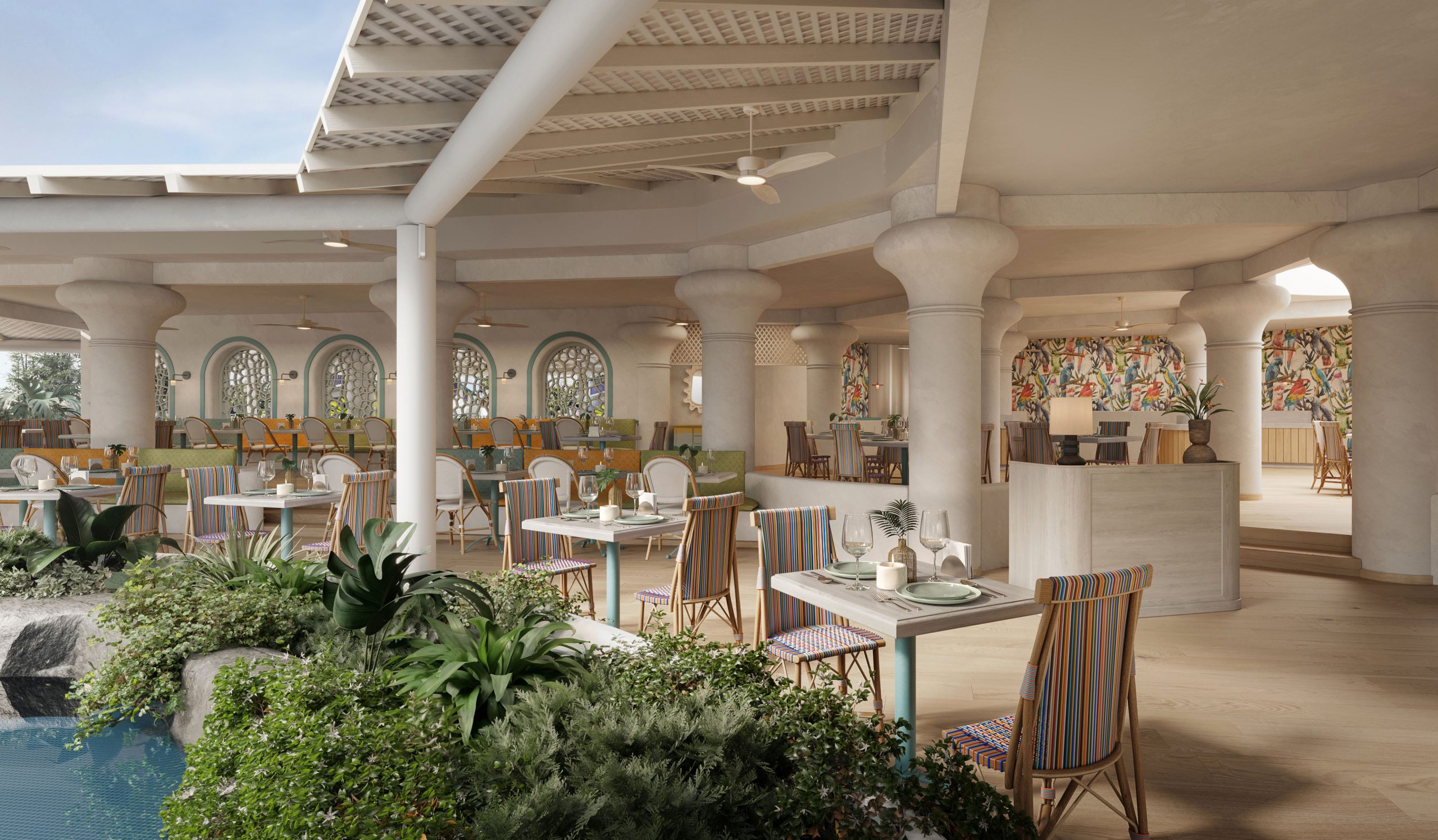 Hospitality-Rendering-Marriott_CrystalCove__Artesano_fin_3 Architectural visualization of a luxury resort dining terrace at Turtle Beach by Elegant Hotels in Barbados, featuring open-air seating, elegant columns, and tropical-inspired design