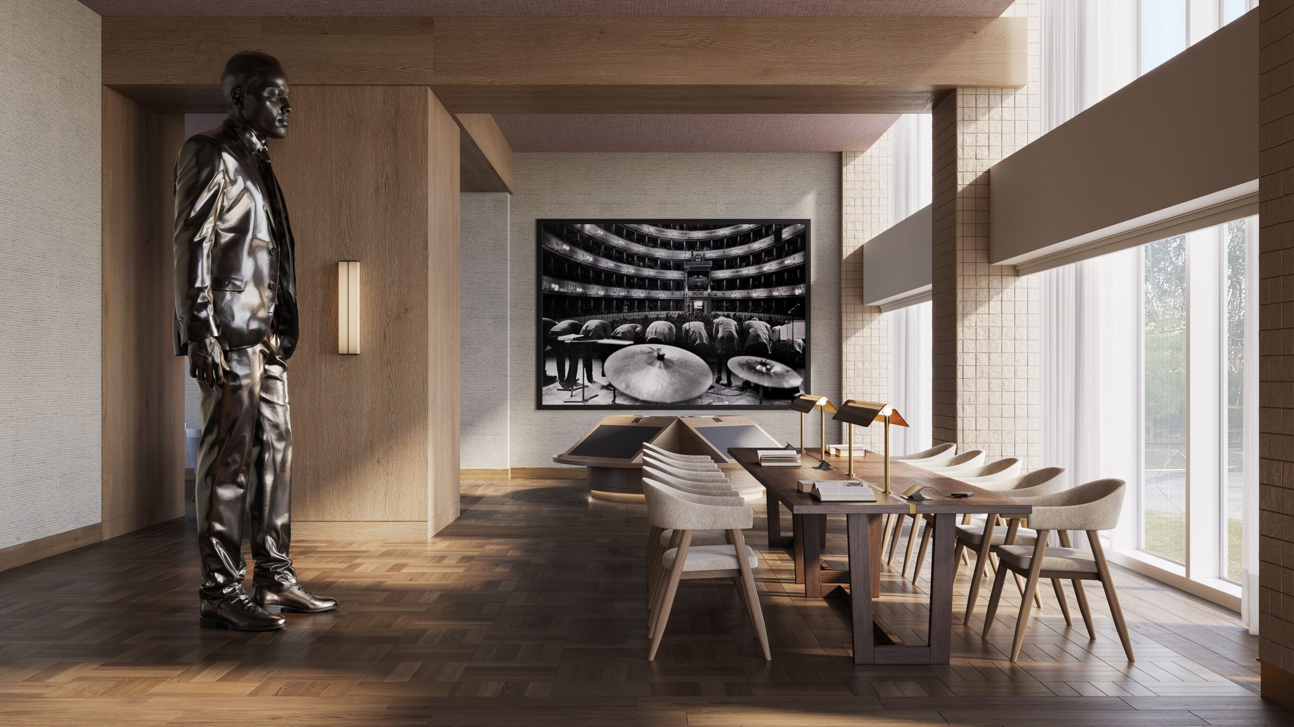 Hospitality-library-rendering 3D architectural visualization of a modern prefunction area with open staircases, floor-to-ceiling windows, indoor greenery, and natural light.