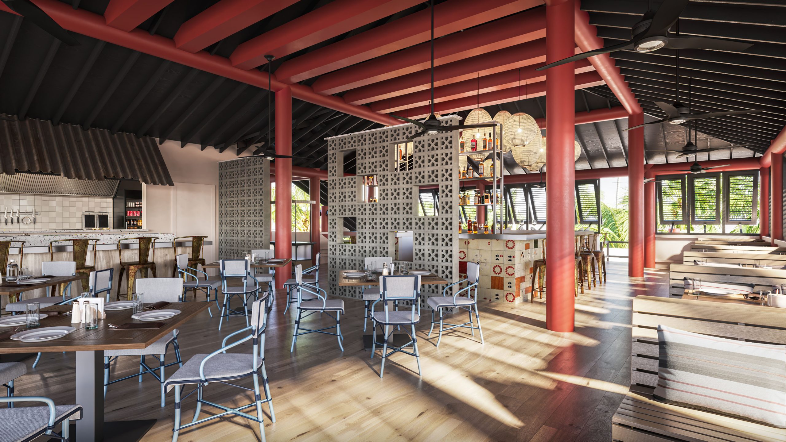 Hospitality-rendering-Turtle Beach-resturant Architectural visualization of a modern resort dining space at Turtle Beach by Elegant Hotels in Barbados, featuring open-plan seating, bold red accents, and contemporary Caribbean design