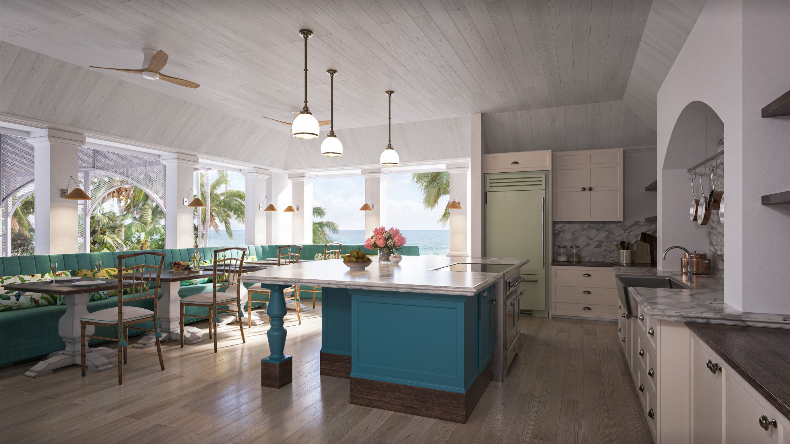 3D architectural rendering of a private dining room with modern pendant lighting, large windows, and elegant seating design.