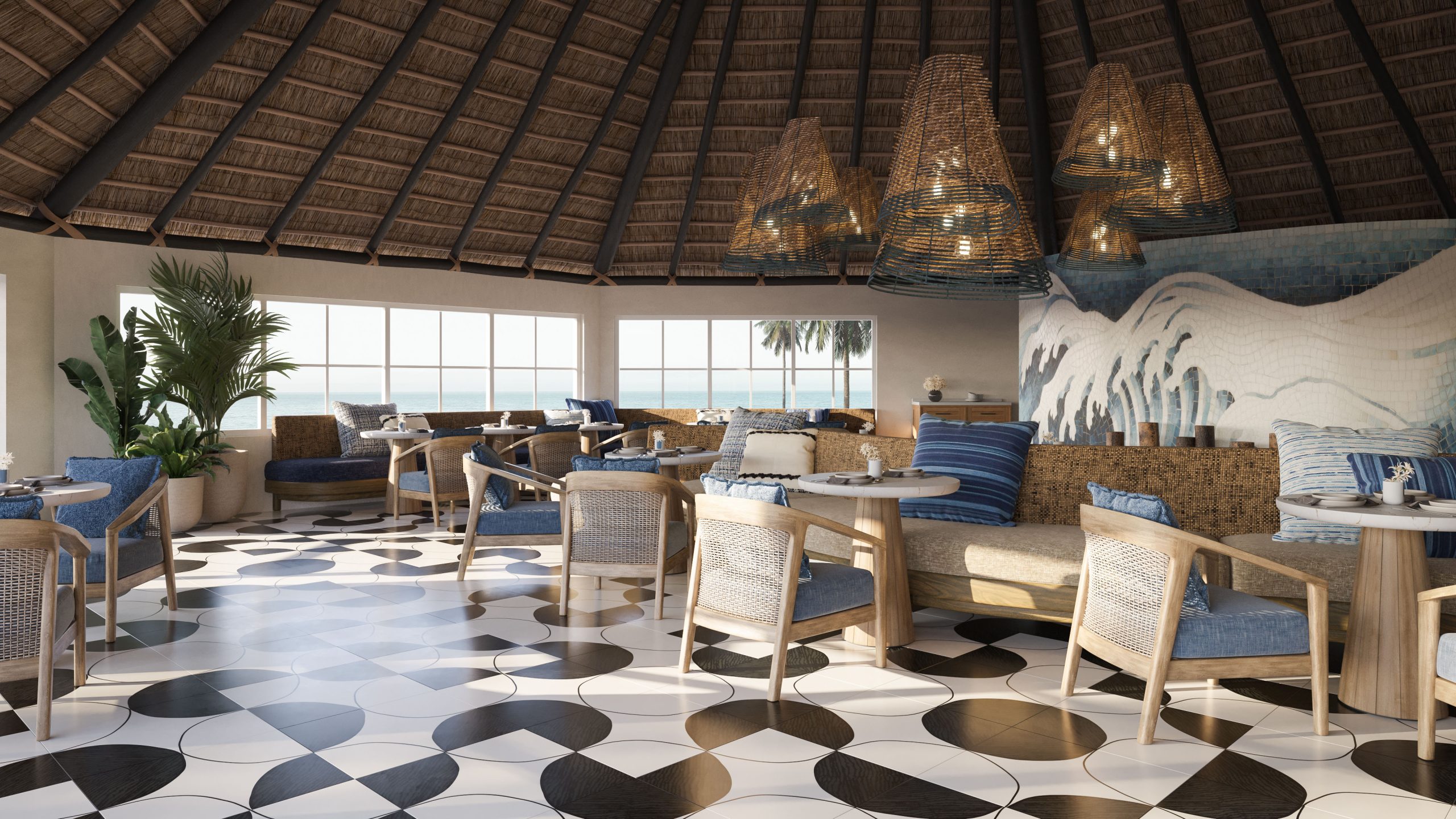Hotel-rendering-Tamarind - Caribean restaurant Architectural visualization of a tropical-inspired resort dining space at Turtle Beach by Elegant Hotels, a Marriott property in Barbados, featuring thatched roof design, natural textures, and open-air seating