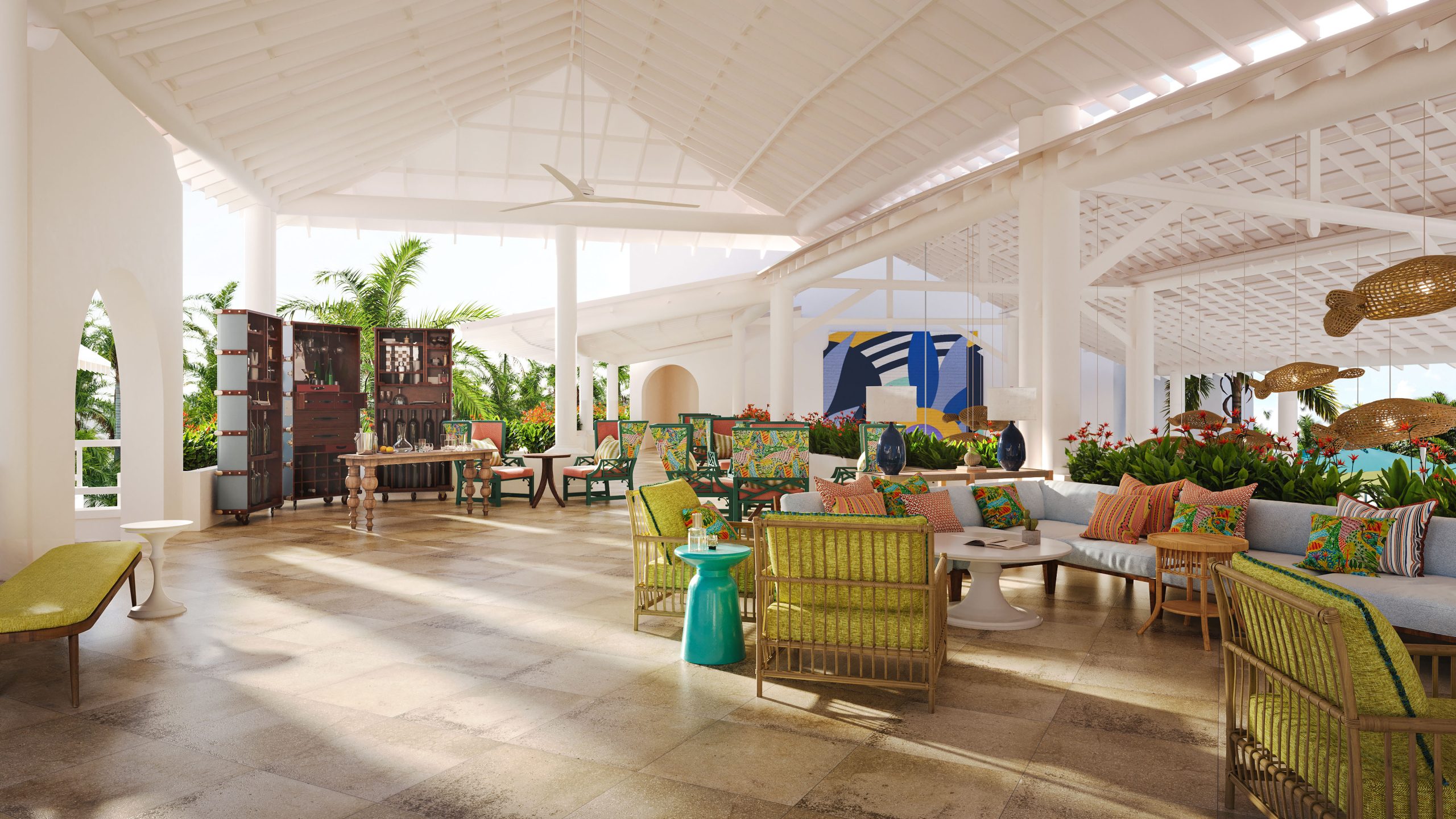 Hotel-rendering-Turtle_Beach_ARRIAVAL_st3_2 Architectural visualization of a vibrant resort lounge at Turtle Beach by Elegant Hotels, a Marriott property in Barbados, featuring tropical décor, open-air design, and relaxed seating areas