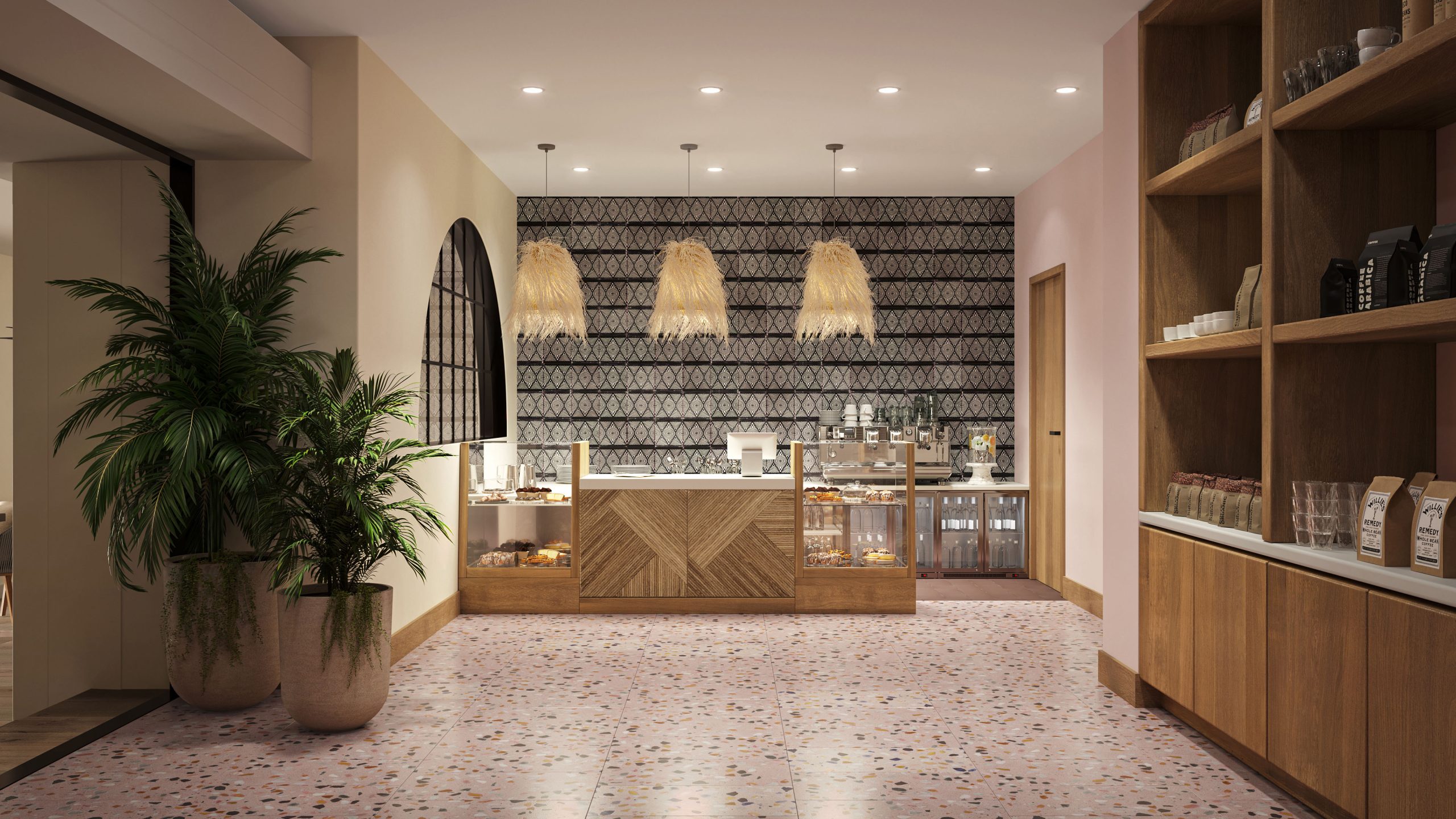Marriott_Hotel-Rendering-Tamarind_Ice cream_st3 Architectural visualization of a modern resort café at Turtle Beach by Elegant Hotels, a Marriott property in Barbados, featuring warm lighting, contemporary décor, and inviting seating areas