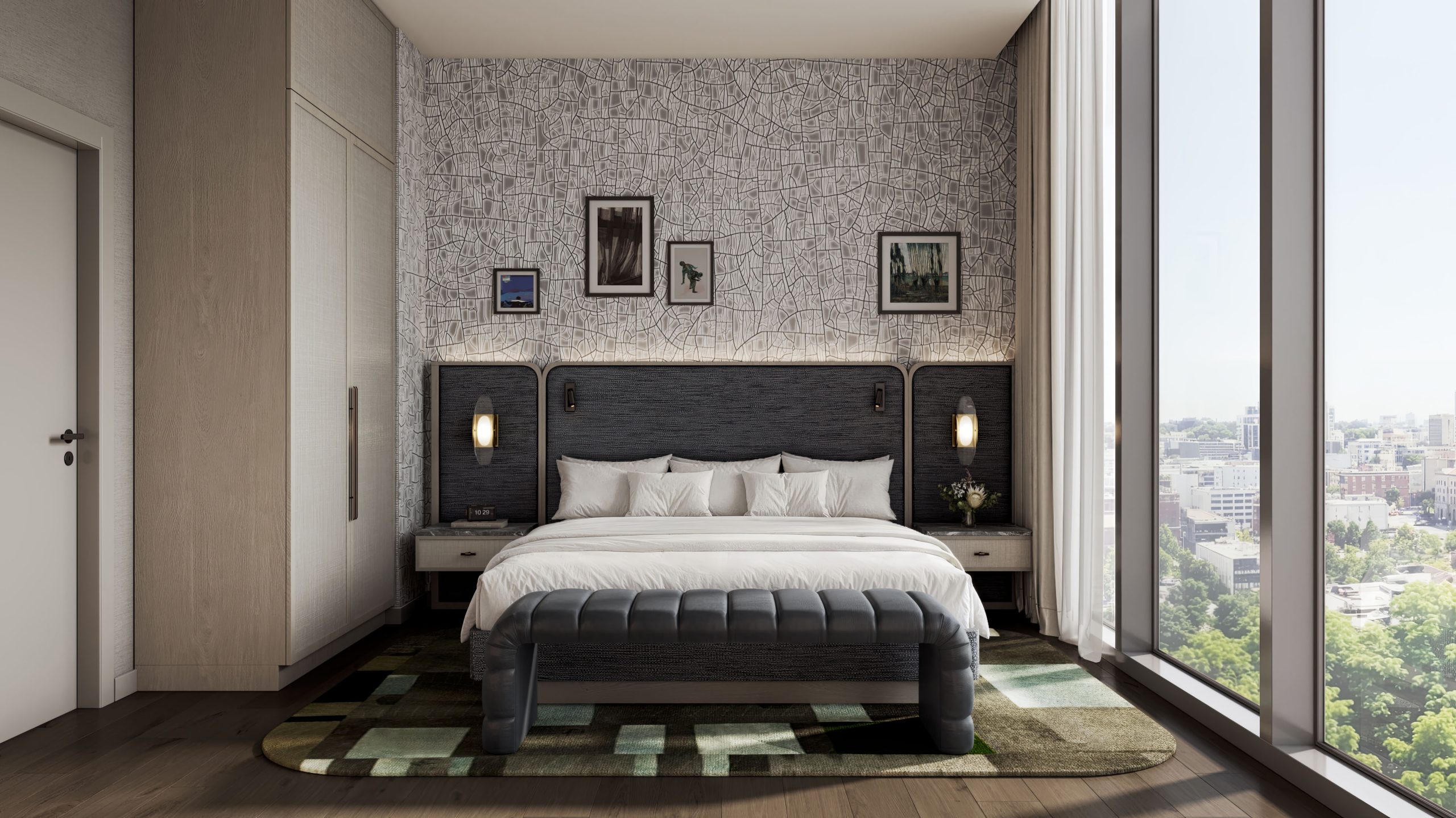 architectural-rendering-hospitality-guestroom 3D architectural visualization of a modern conference room interior with a long meeting table, contemporary lighting, and a large screen showing a river view.